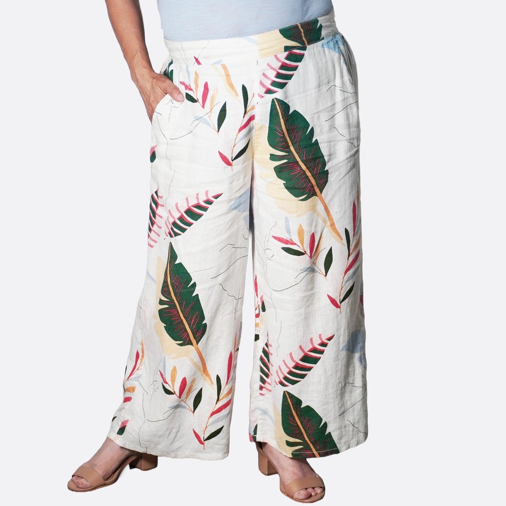 Cynthia Rowley 100% Linen Tropical Palm Print 1X 2X 16 18 Wide Leg Pants